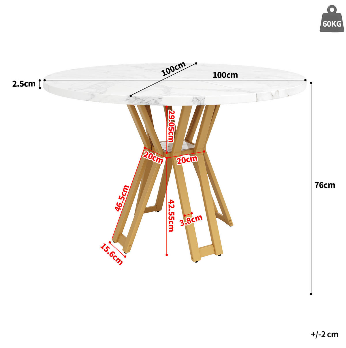 ESSTISCH 100/100/76 cm Gold/Weiß aus MDF und Metall mit verstellbaren Füßen - Weiß, Holzwerkstoff (100/100/76cm) - OKMYHOME