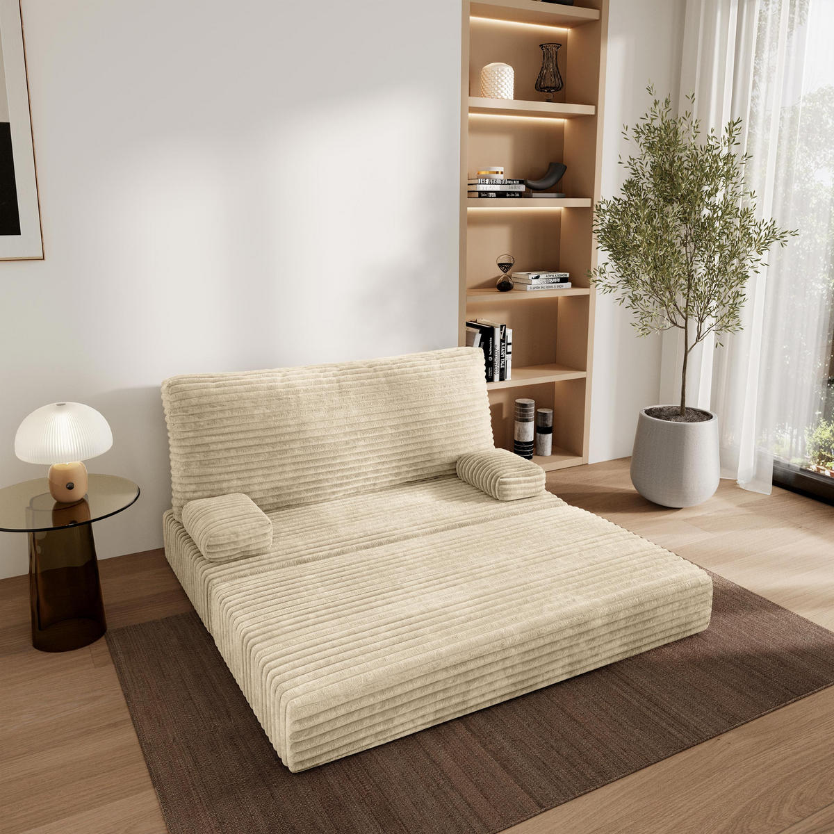 POHOVKA z pěny LADIA s funkcí spaní Manšestrová látka Krémová - krémová, textil (140/86/60cm) - MASSENO