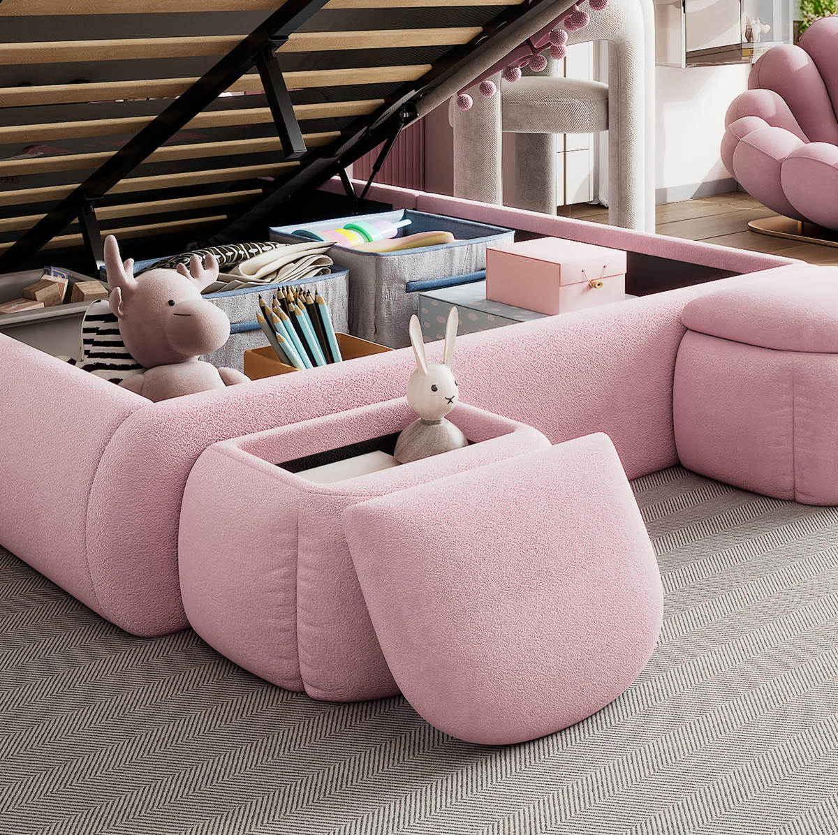 POLSTERBETT mit Stauraum 140x200 cm Samt Pink 2 Hocker - Pink, Metall (140/200cm) - Meubliv