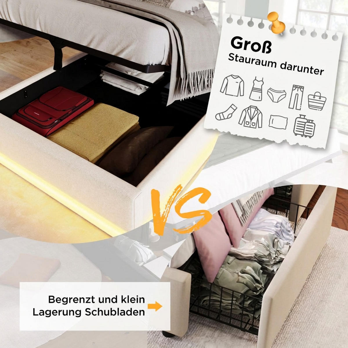 POLSTERBETT 90/200 cm Beige mit USB Typ-C Ladefunktion und 3-seitige LED-Funktion - Beige, Textil (90/200cm) - Oxeza