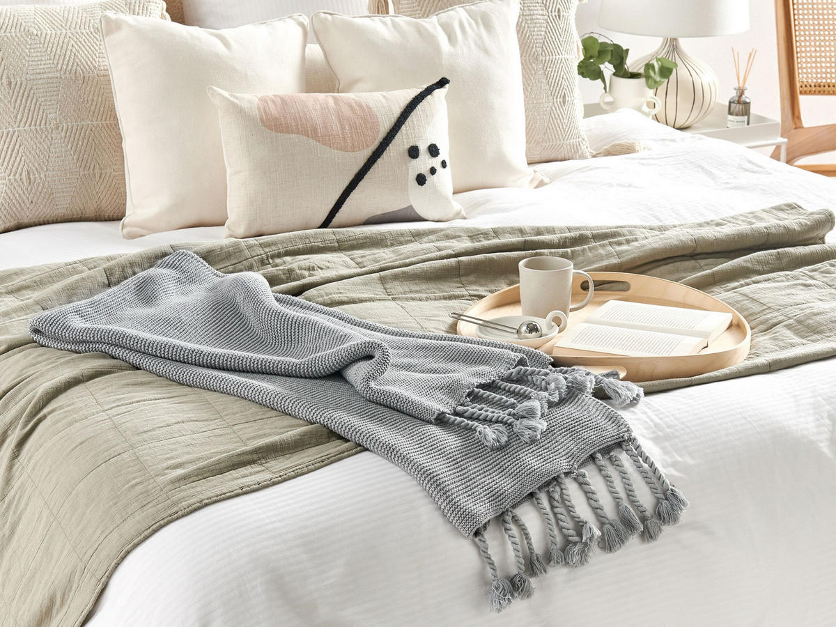DECKE Hellgrau Nazilli 150/125 cm - Hellgrau, Naturmaterialien/Textil (125/150cm) - Beliani