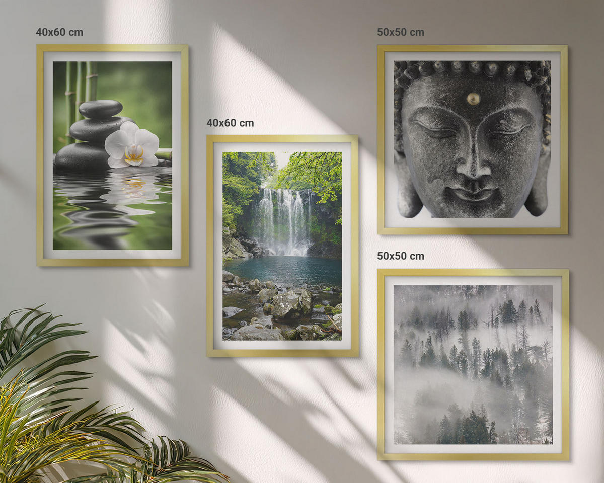 WANDBILDER 4er Set - 50x50 cm & 40x60 cm Goldrahmen - Harmonie der Natur, Steine, Wasser, Buddha - Goldfarben, Kunststoff (50/50cm) - ArtPrintCave