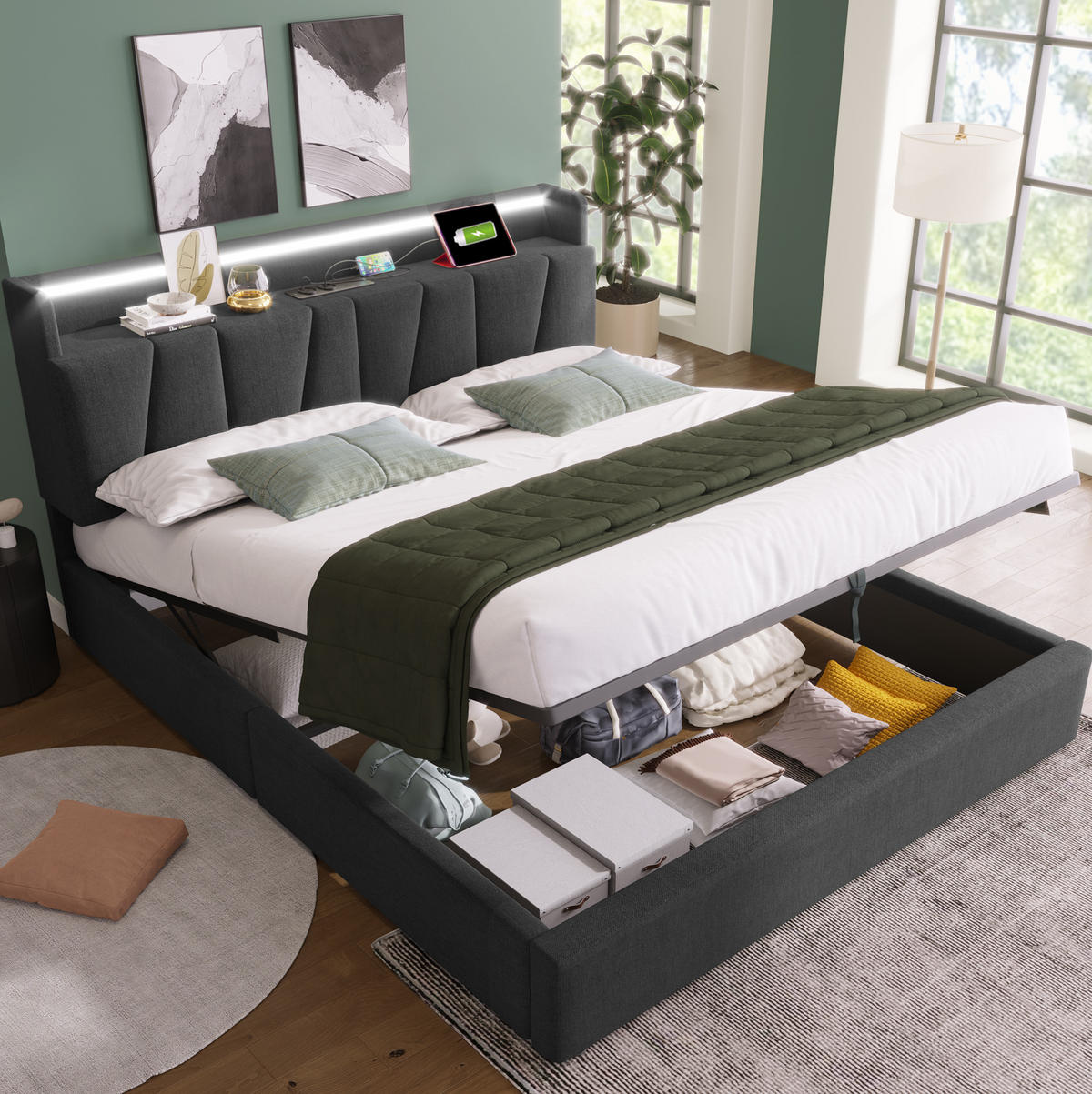 POLSTERBETT aus Leinen 140x200 cm in Grau mit LED & USB/Type-C - Grau, Textil (140/200cm) - Modfu