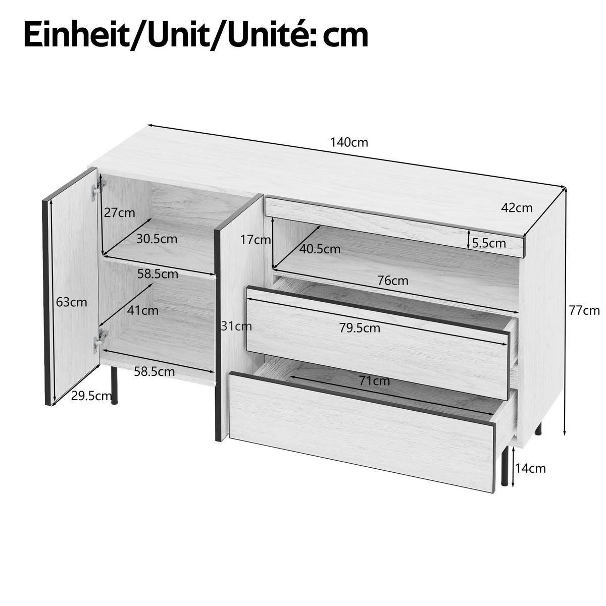 KOMMODE aus Spanplatte 140x42x77cm in Weiß mit Soft-Close - Weiß, Holzwerkstoff (140/77/42cm) - Modfu