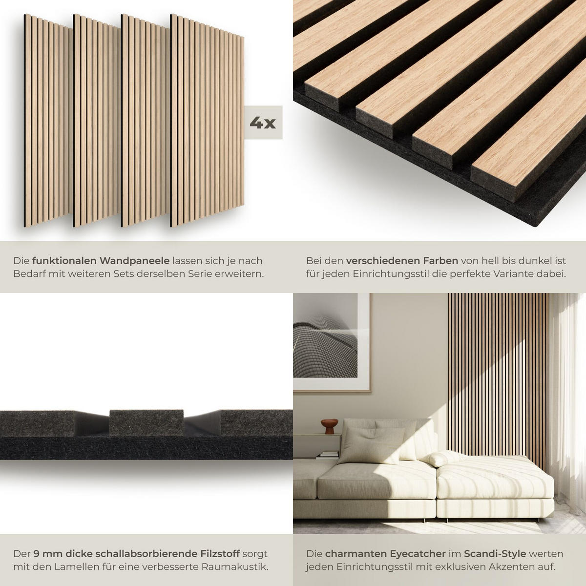 AKUSTIKPANEELE 4er Set Sonic Wall II Holzoptik Echtholzfurnier Eiche hell Größe flexibel anpassbar - Eichefarben, Holz (50/1.8/110cm) - tectake