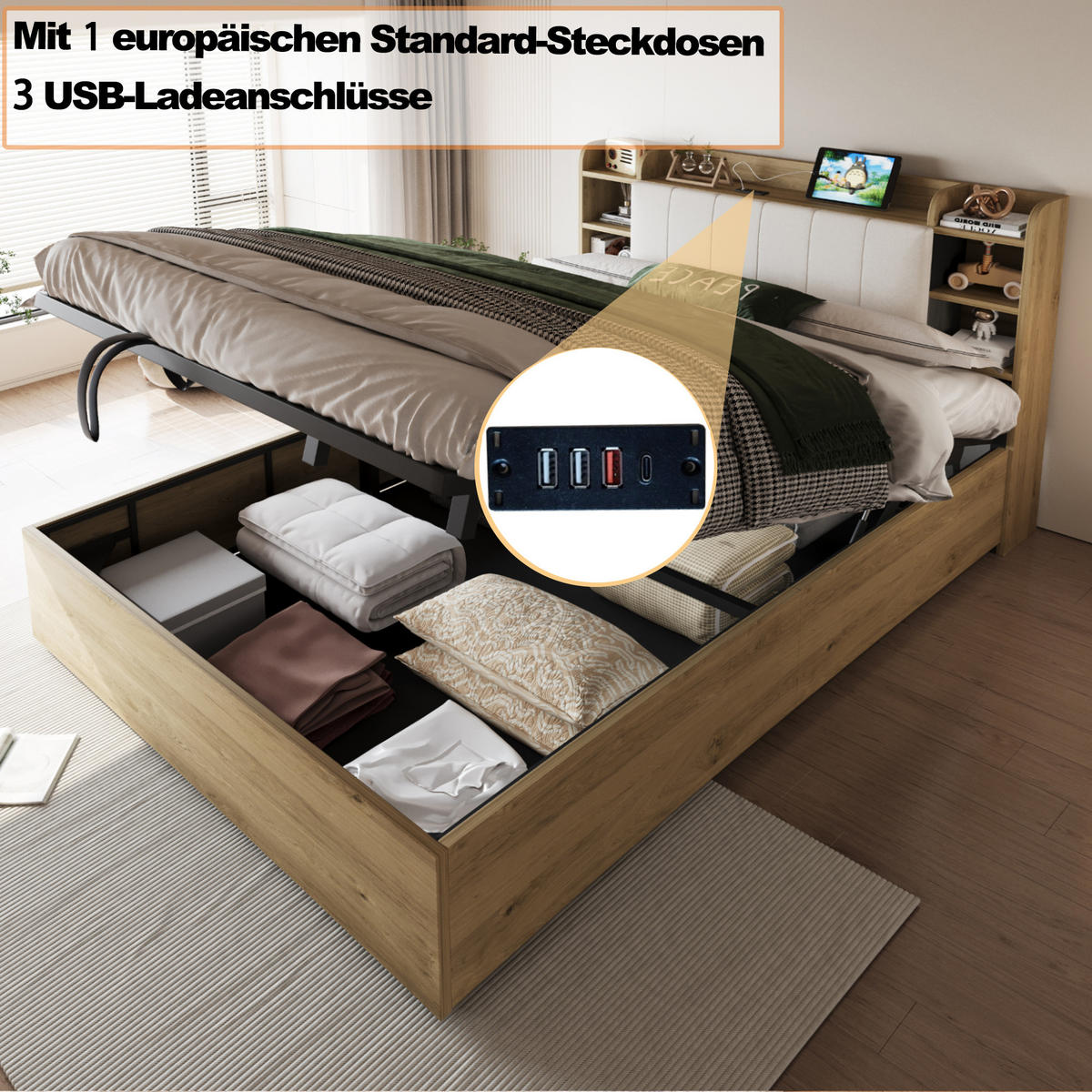 POLSTERBETT 180/200 cm Holzfarbe mit Stauraum, Ausgestattet mit USB und Tape-C-Steckdose - Naturfarben, Holz (180/200cm) - Oxeza