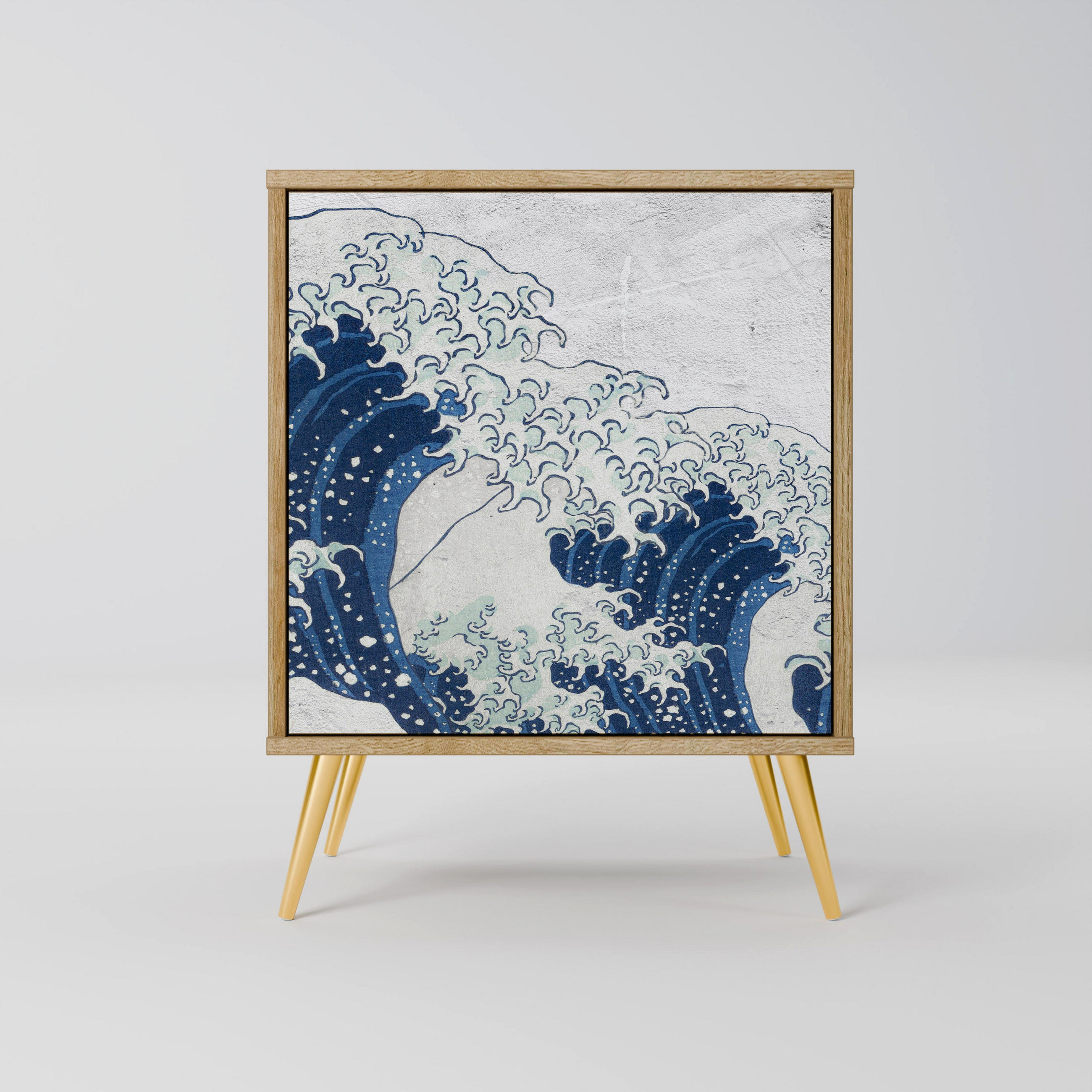 SIDEBOARD THE GREAT WAVE AT KANAGAWA, Eichefarben, 57,5x42x75,5 cm, Goldfarbene Metallfüße - Eichefarben/Goldfarben, Holzwerkstoff/Metall (57.5/75.5/42cm) - SpaceRebels