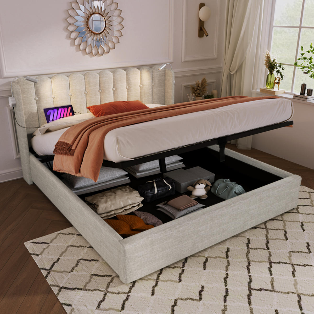 POLSTERBETT mit Bettkasten, USB und Leselicht 160x200 cm Beige - Beige, Metall (160/200cm) - Meubliv