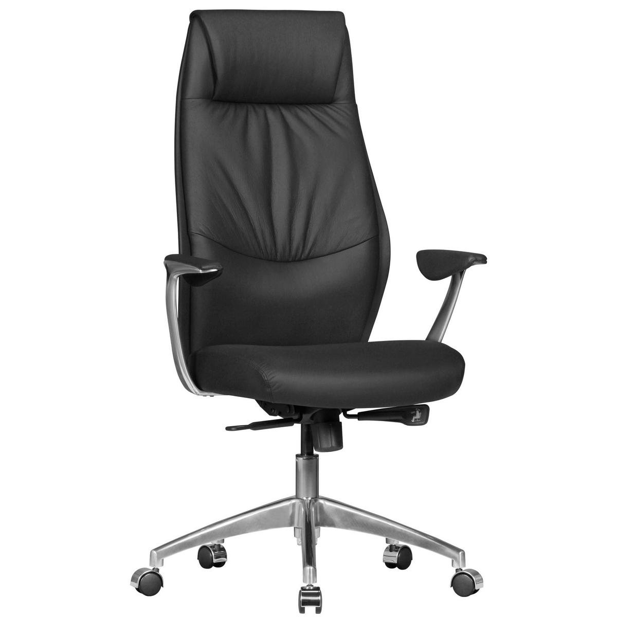 CHEFSESSEL Echtleder mit 3-Stufen-Synchronmechanik und Aluminiumfußkreuz TEMZA, Schwarz 67x58x125 cm - Silberfarben/Schwarz, Leder/Metall (67/125/58cm) - KADIMA DESIGN