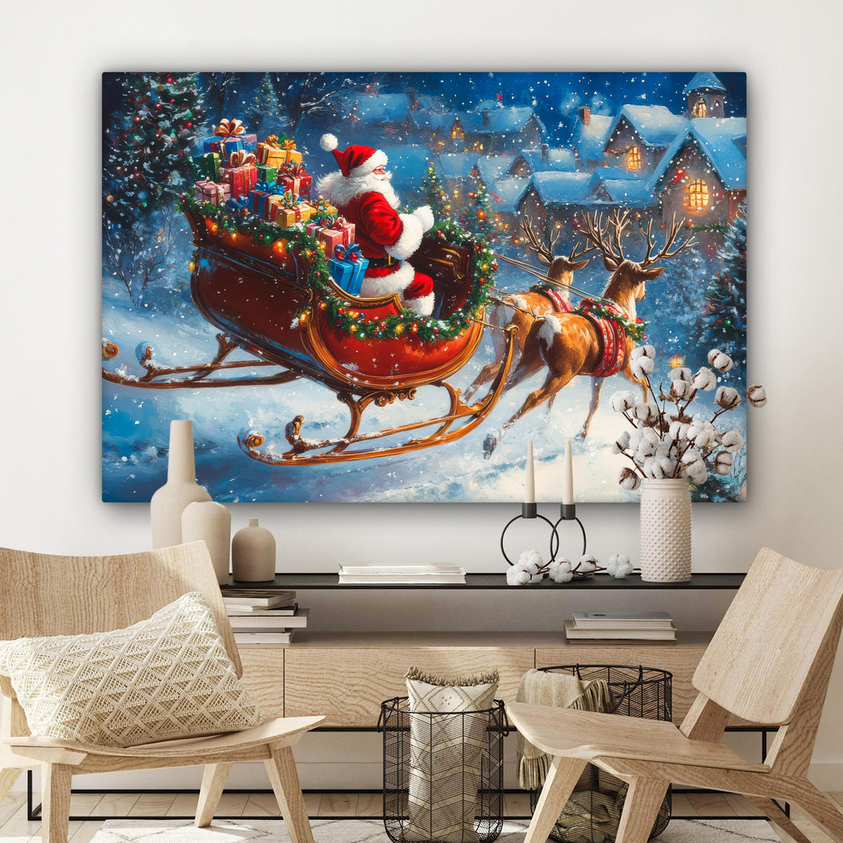 LEINWANDBILD Weihnachtsmann - Rentier - Weihnachten - Schnee XXL 150x100 cm - Cognac, Textil (150/100cm) - MuchoWow