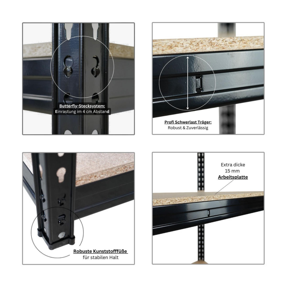 SCHWERLASTREGAL Bison 200x180x60 cm 5 Spanplatten-Ebenen 16mm Fachlast 600 kg Schwarz - Schwarz, Metall (180/200/60cm) - PROREGAL