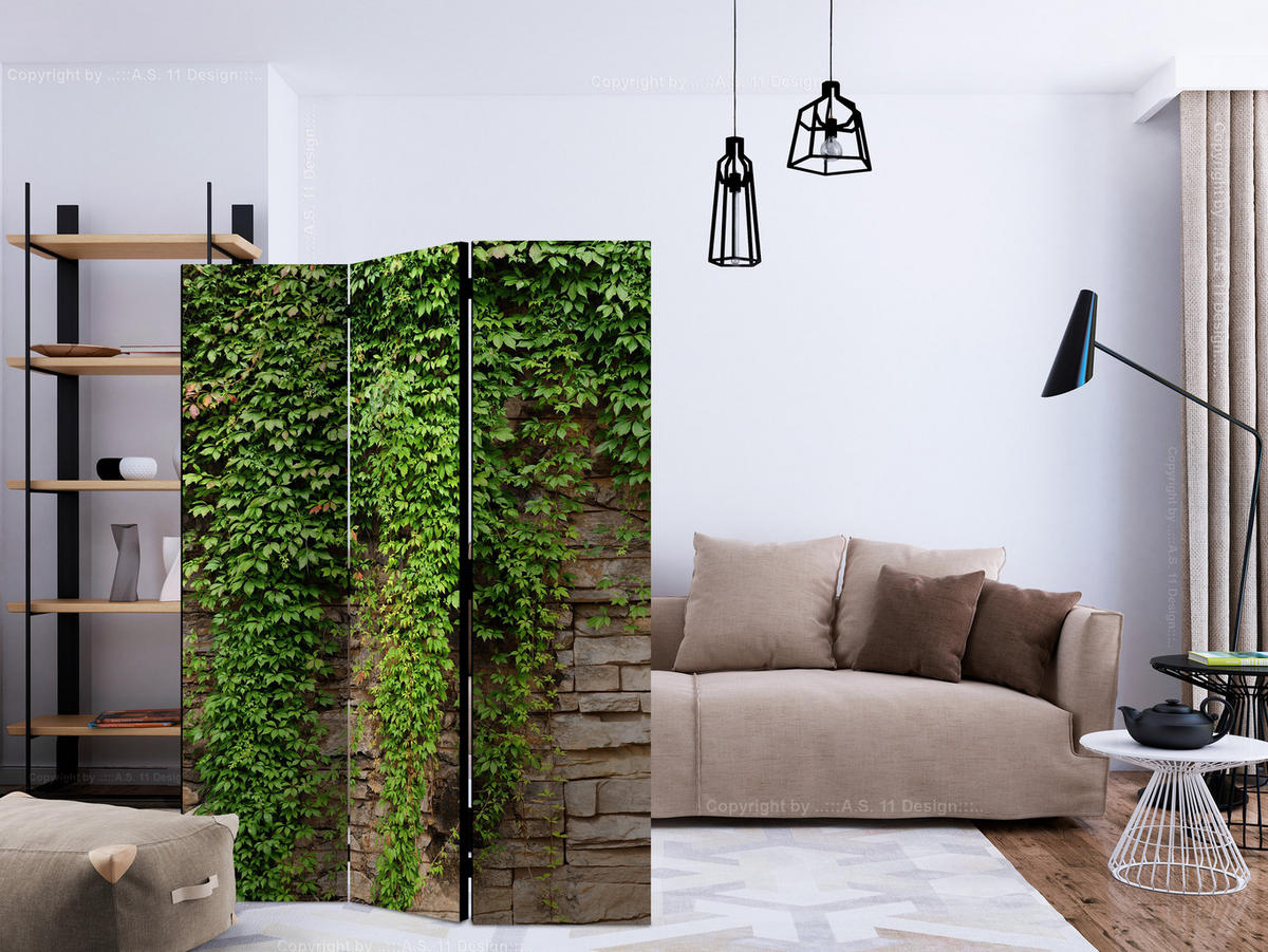 PARAVENT Einseitig Bedruckter 3-tlg 135x172 cm Mauer Mit Bl ttern - Grün, Holz/Textil (135/172/3cm) - Muralo