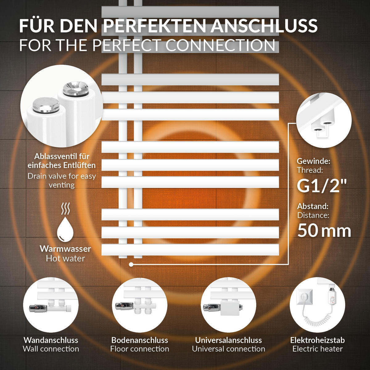BADHEIZKÖRPER Iron EM 600x1600 mm Weiß mit Ventil Universal - Weiß, Metall (60/160/3cm) - LuxeBath