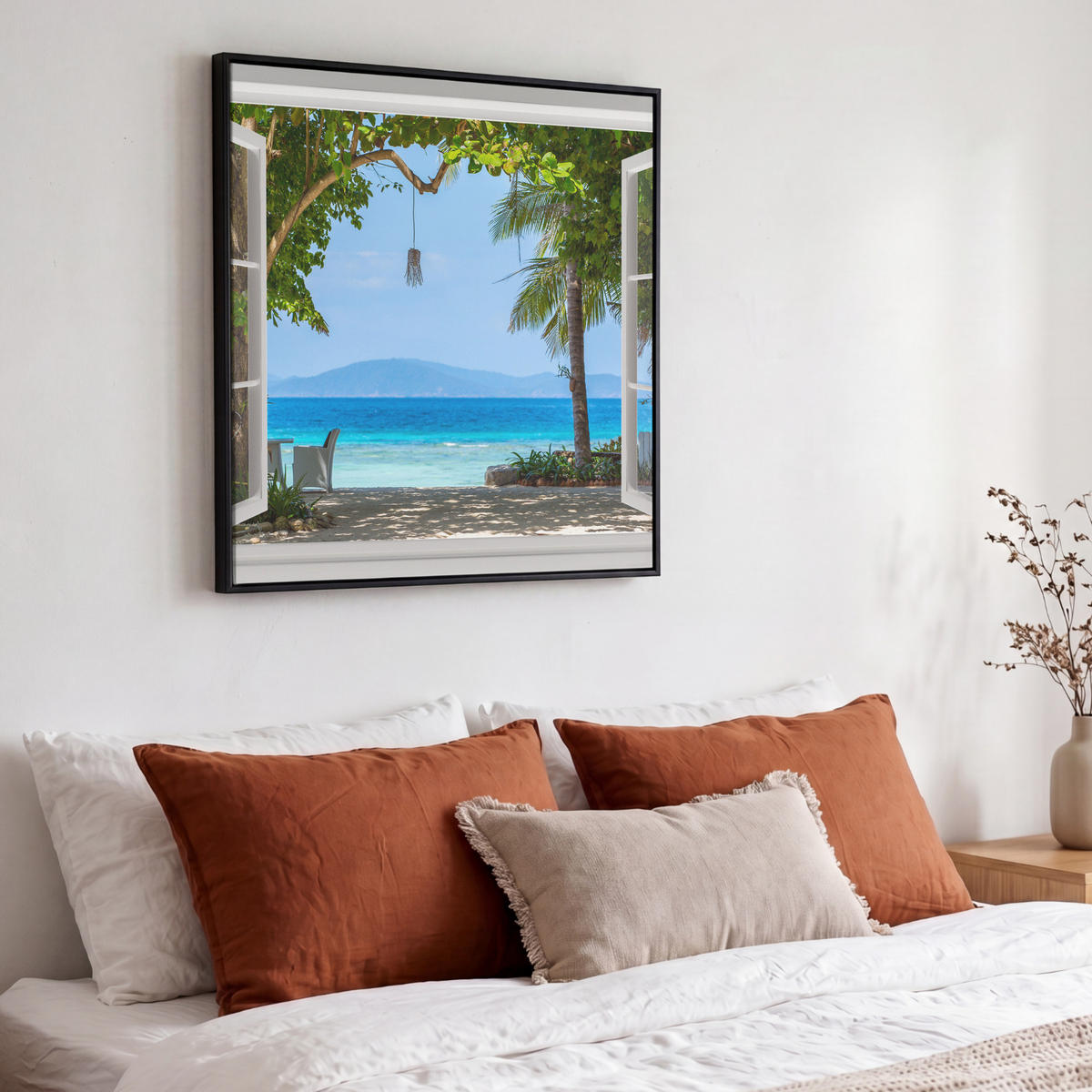 LEINWAND Bilder mit Rahmen - Aussicht - Baum - Meer - Palme - Hügel - Strand - Blau - 50x50 - Blau, Textil (50/50cm) - MuchoWow