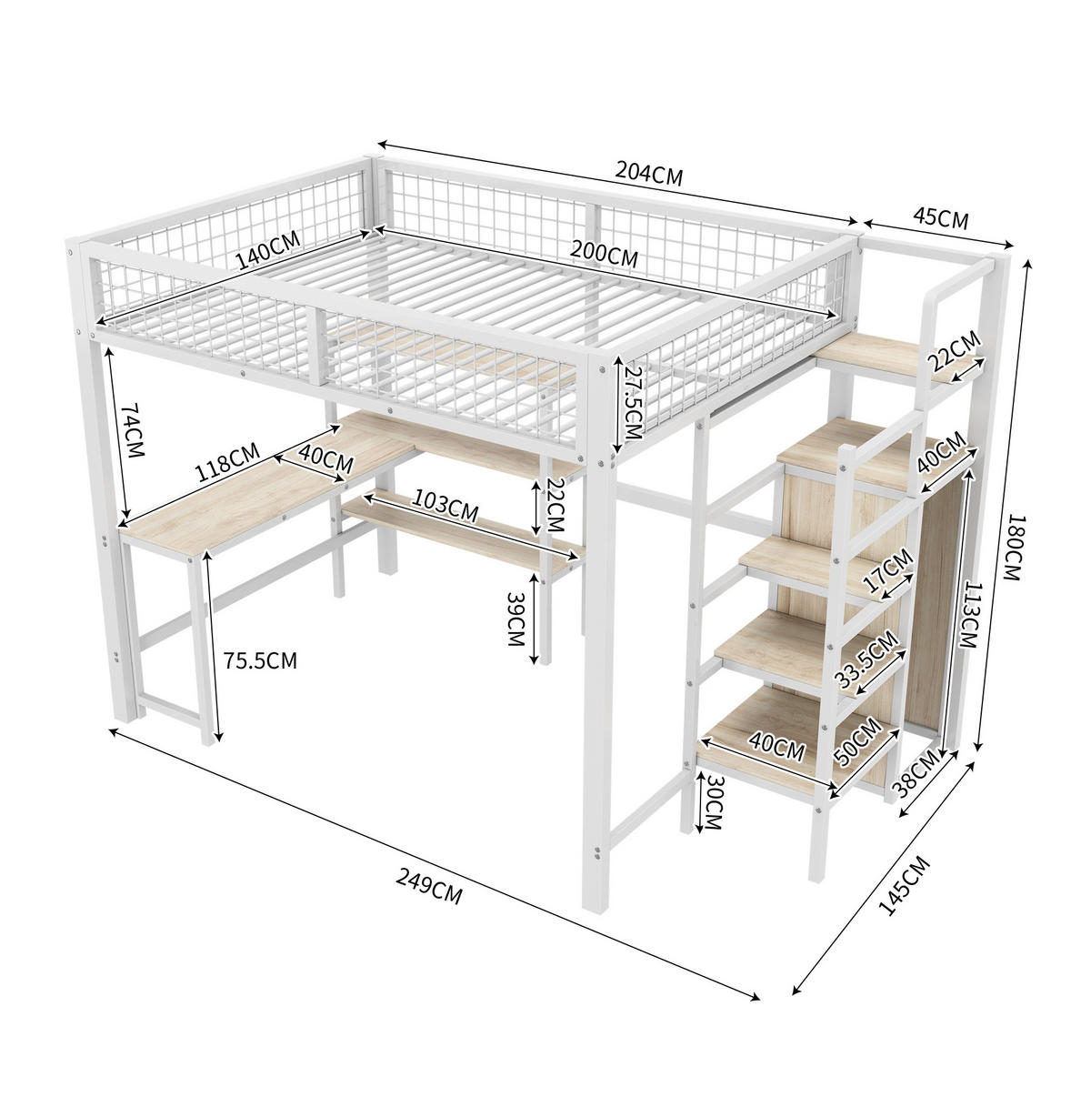HOCHBETT 140/200 cm in Weiß mit Schreibtisch, Regalen und Kleiderschrank - Weiß, Metall (140/200cm) - Flora Grace