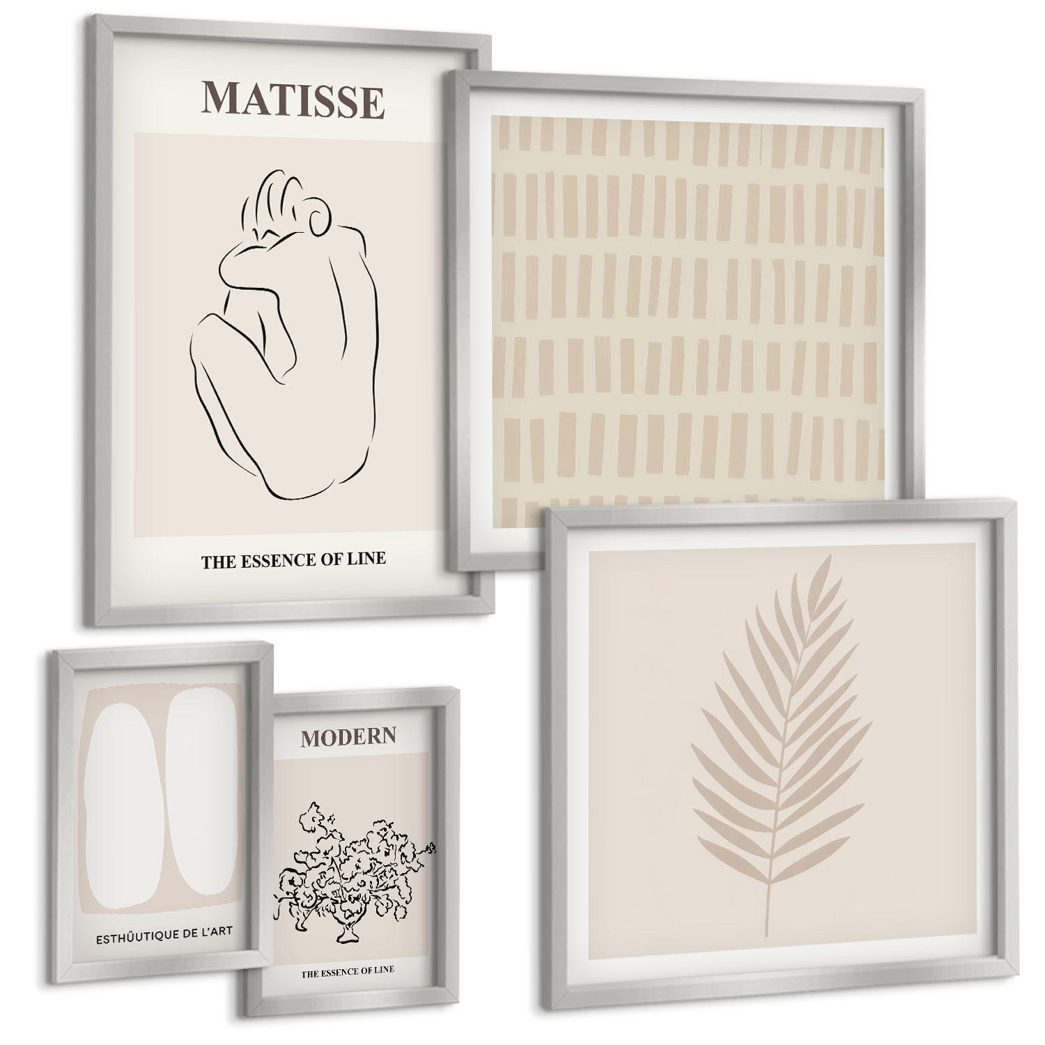 BILDER SET 5er Set - 50x50 cm & 20x30 cm & 40x60 cm Silberner Rahmen - Linien, Formen, Beige, Weiß - Silberfarben, Kunststoff (40/60cm) - TULUP