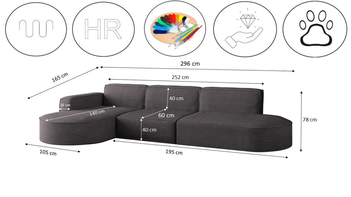 ECKSOFA Designer, Sofa L form MODENA 302 cm stoff Poso Dunkelgrau Rechts - Dunkelgrau, Holz (302/296cm) - Kaiser Möbel