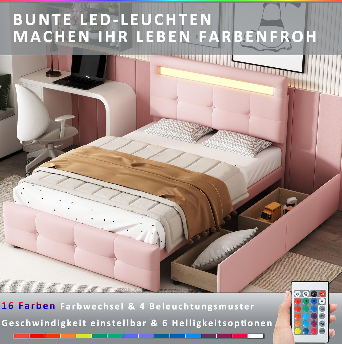 POLSTERBETT 90/200 cm aus Holz mit LED-Beleuchtung und 2 Schubladen Rosa - Pink, Textil (90/200cm) - Modenvie