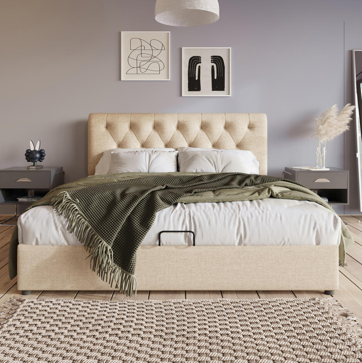 BETT mit Bettkasten und verstellbarem Kopfteil 140x200 cm Leinen Natur - Beige, Metall (140/200cm) - Meubliv