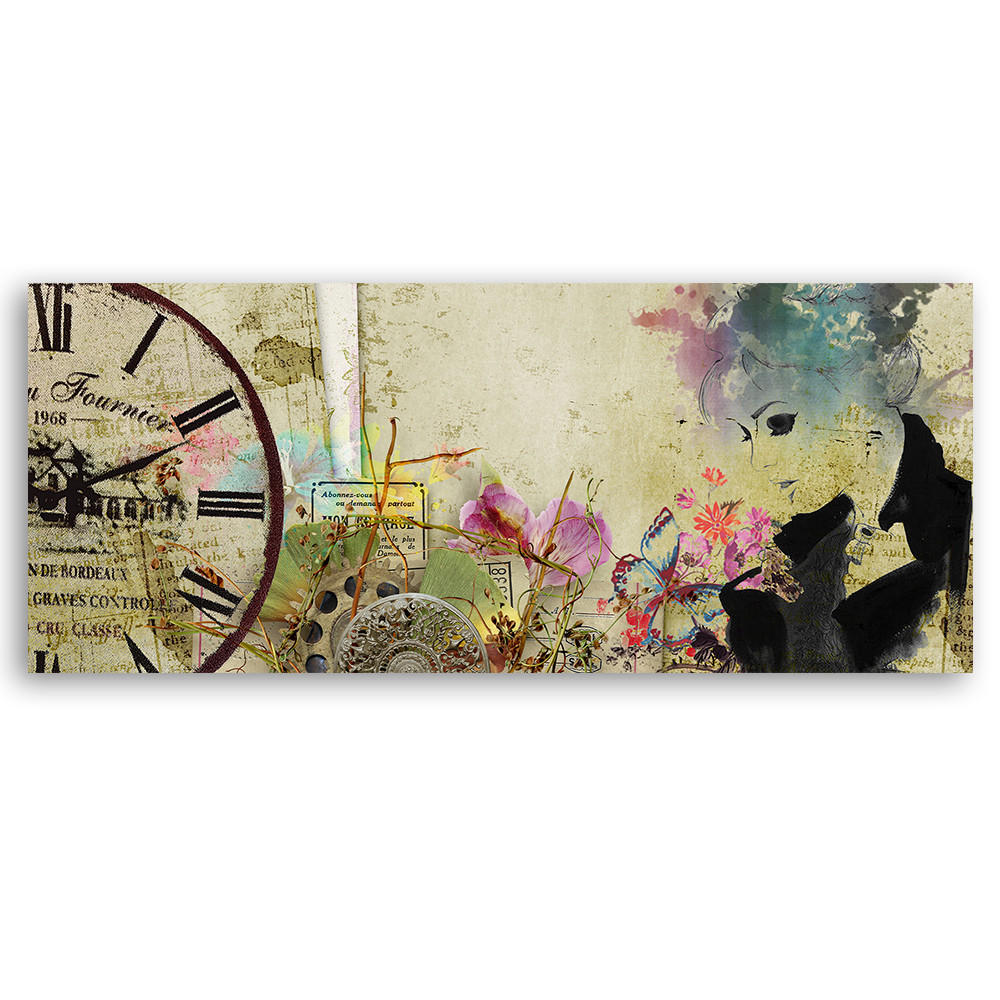 WANDBILD frau und alte uhr - Beige, Textil (90/30cm) - Feeby