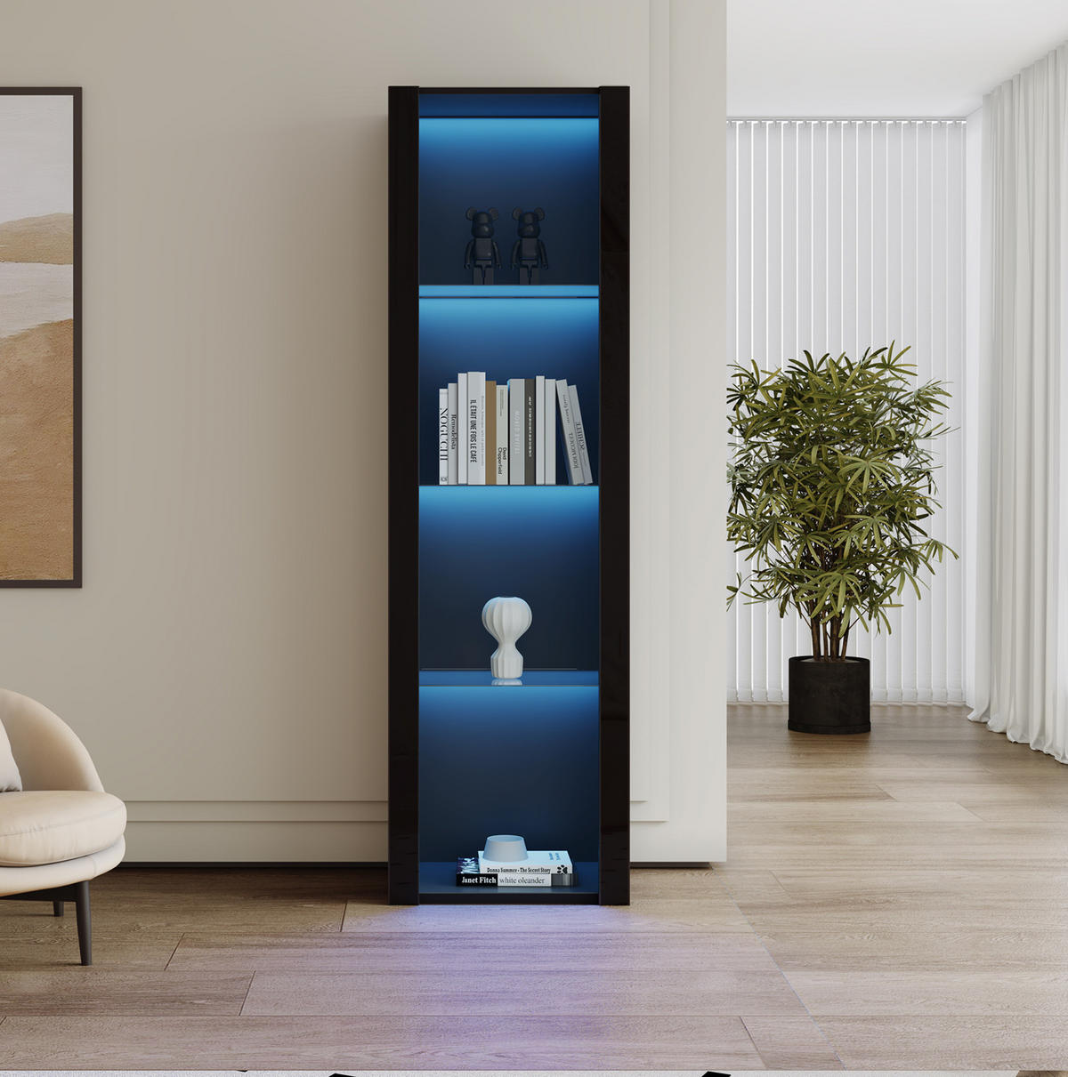 VITRINE 55/38/166 cm mit LED-Beleuchtung und 3 Glasböden, Schwarz - Schwarz, Holzwerkstoff (55/166/38cm) - Redom