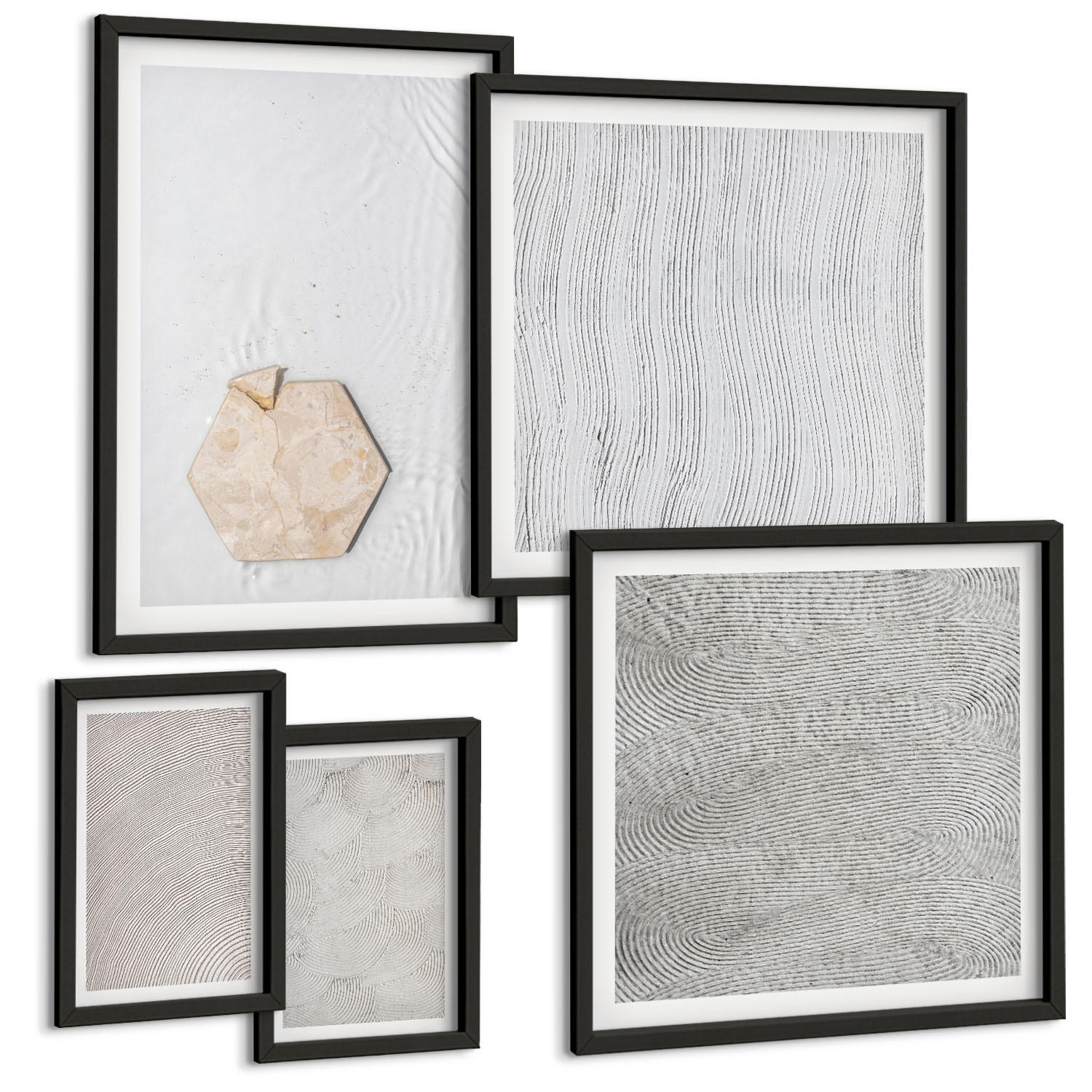 BILDER SET 5er Set - 50x50 cm & 20x30 cm & 40x60 cm Schwarzer Rahmen - Leichte Boho-Sandtexturen - Schwarz, Kunststoff (40/60cm) - TULUP