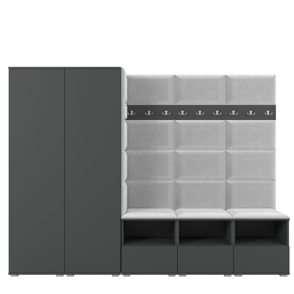 GARDEROBE NELA VII 250 cm (Modulare Flurmöbel XL Graphit mit Sitzpolster Hellgrau 32 2 Schränke) - Silberfarben/Hellgrau, Holz/Holzwerkstoff (250/187/40cm) - Ravio