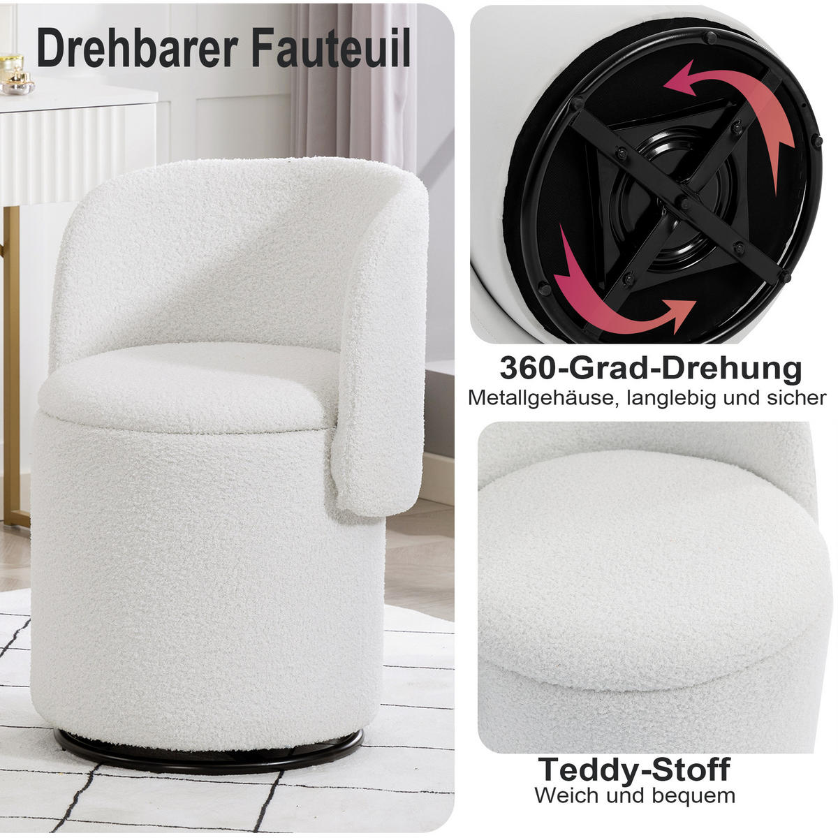 SESSEL Stoff Weiß drehbar und mit Stauraum - Weiß, Holzwerkstoff/Textil (48/75/52cm) - WISHDOR