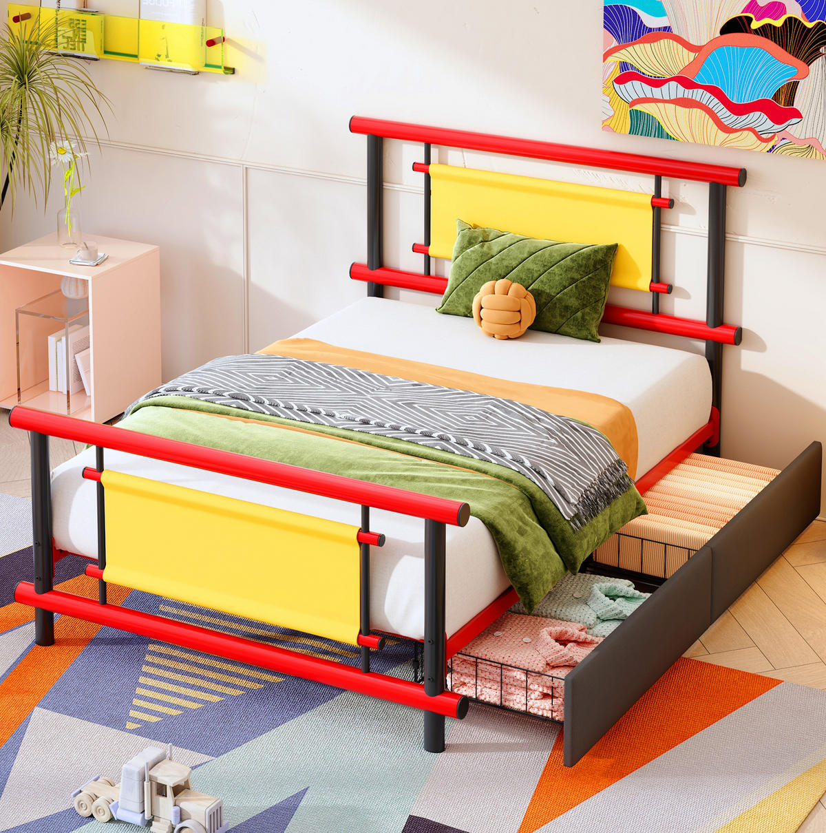 KINDERBETT 90/200 cm Rot aus Metall mit Schubladen ohne Matratze - Rot, Metall (90/200cm) - MIVRAY