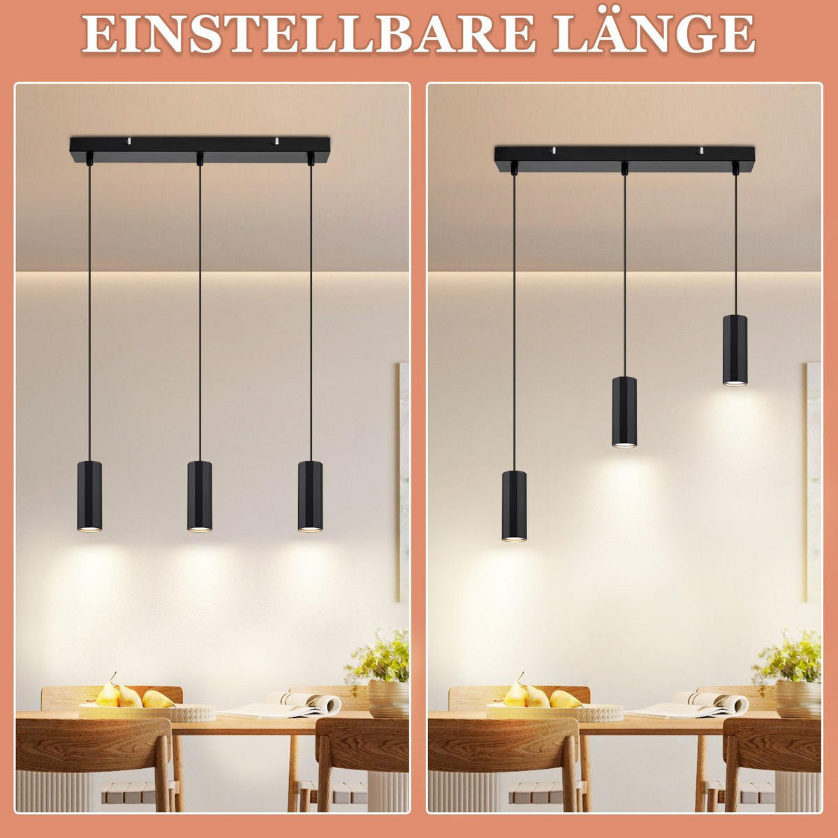 HÄNGELEUCHTE Stärke 3-flammig 44/6/170 cm - Schwarz, Metall (44/6/170cm) - Nettlife