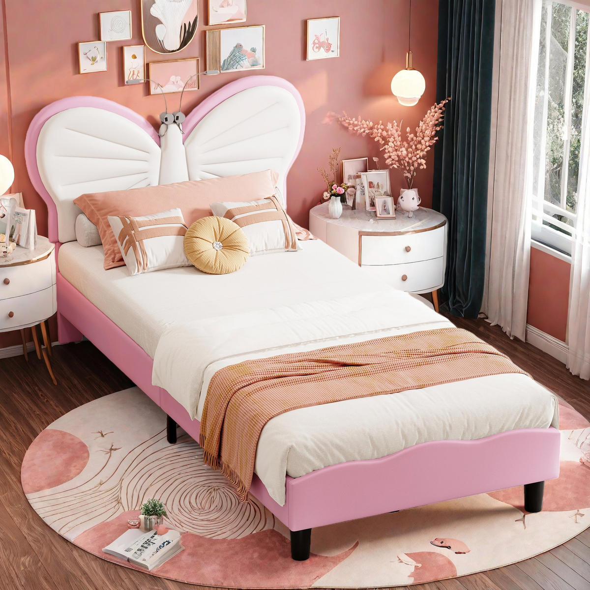 POLSTERBETT 90/200 cm Weiß Rosa mit LED-Leseleuchten - Rosa, Holz (90/200cm) - SHOPENTRA