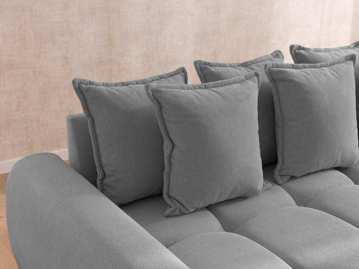 ECKSOFA inkl. Hocker Bubble mit Schlaffunktion und losen Rückenkissen, Sitzfläche in Bubble-Optik aus weichem Grau Strukturstoff - Ottomane Links - Schwarz/Grau, Holz/Kunststoff (180/306cm) - S-Style Möbel