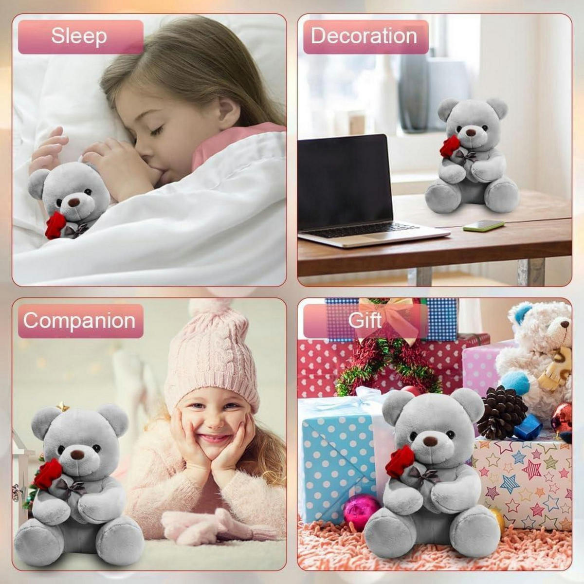 PLÜSCH-BÄR mit Rose 23 cm Grau - Grau, Textil (10/18cm)