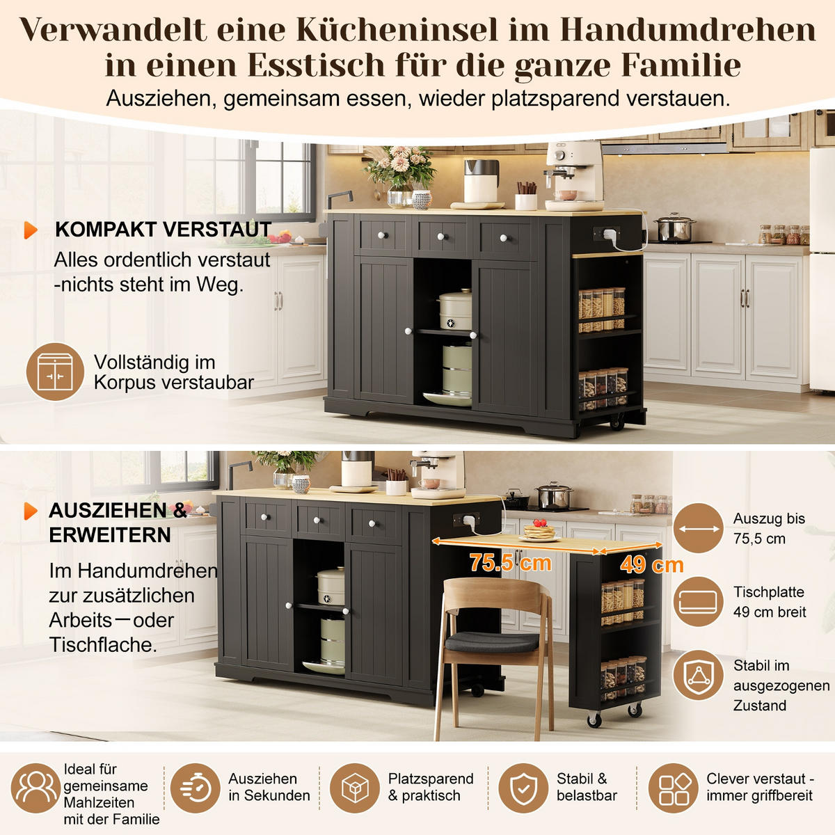 KÜCHENINSEL 138/55/93 cm Schwarz mit 3 Schubladen, ausziehbarem Esstisch und 7 Rädern - Schwarz, Holz/Holzwerkstoff (55/93/138cm) - Oxeza