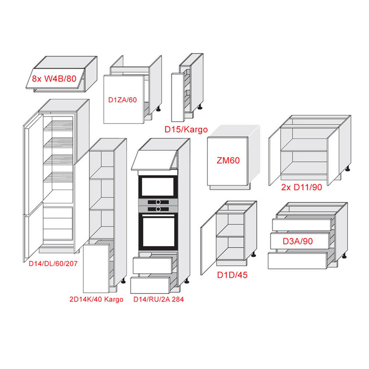 KÜCHENLEERBLOCK Platinium weiß matt / weiß Hochglanz & schwarz Hochglanz 18-teilig - Schwarz/Weiß, Holzwerkstoff/Metall (320/207/225cm) - Feldmann-Wohnen