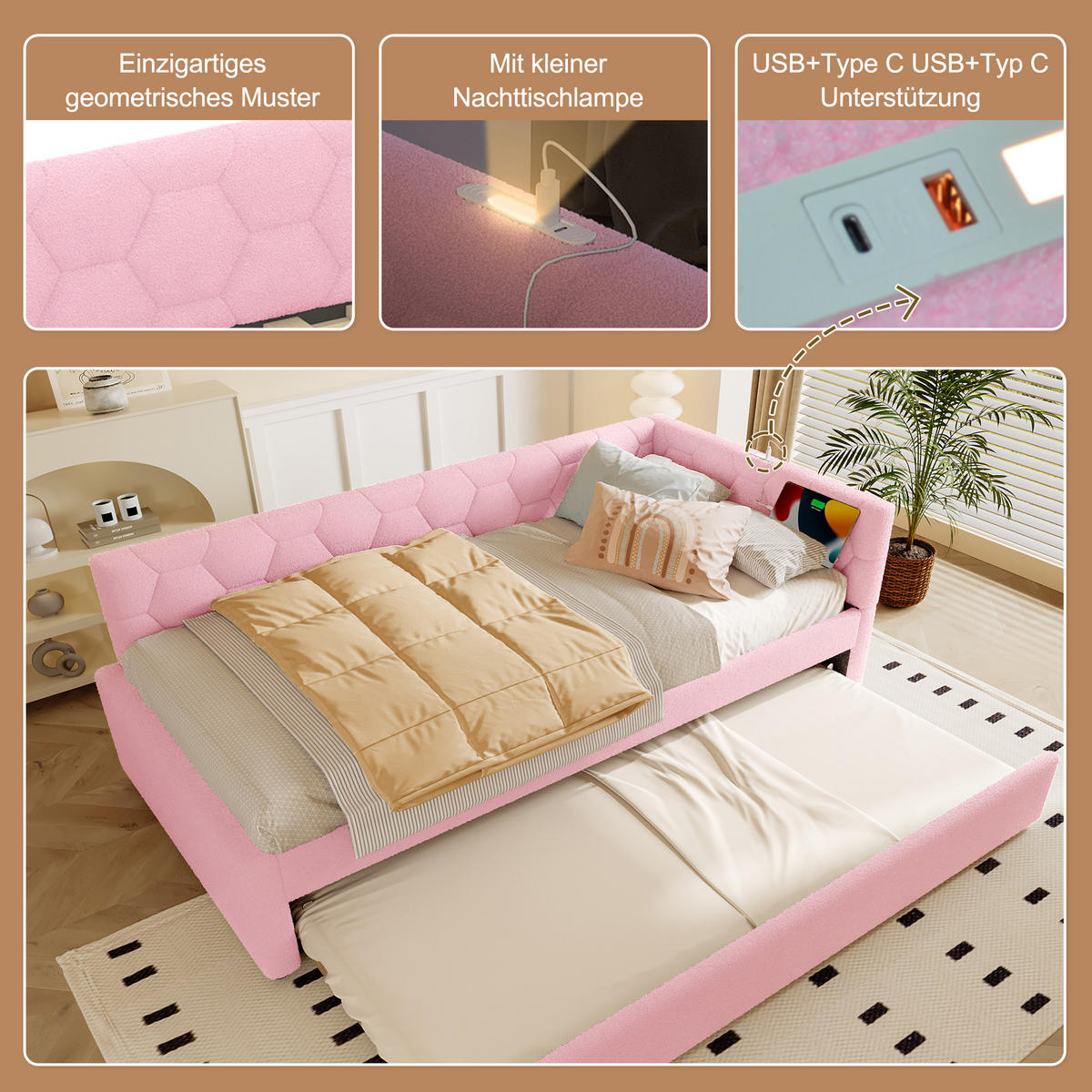 TAGESBETT 90x200cm Rosa Mit USB-C & Nachttischlampe - Pink, Textil - FLIEKS