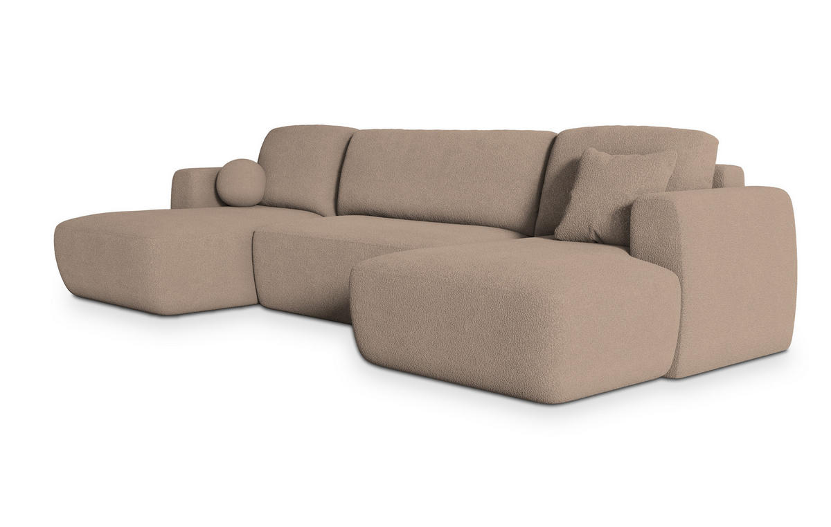 WOHNLANDSCHAFT SENTUM N Beige Boucle-Stoff mit Schlaffunktion - Beige, Holz (330/90/148cm) - MASSENO