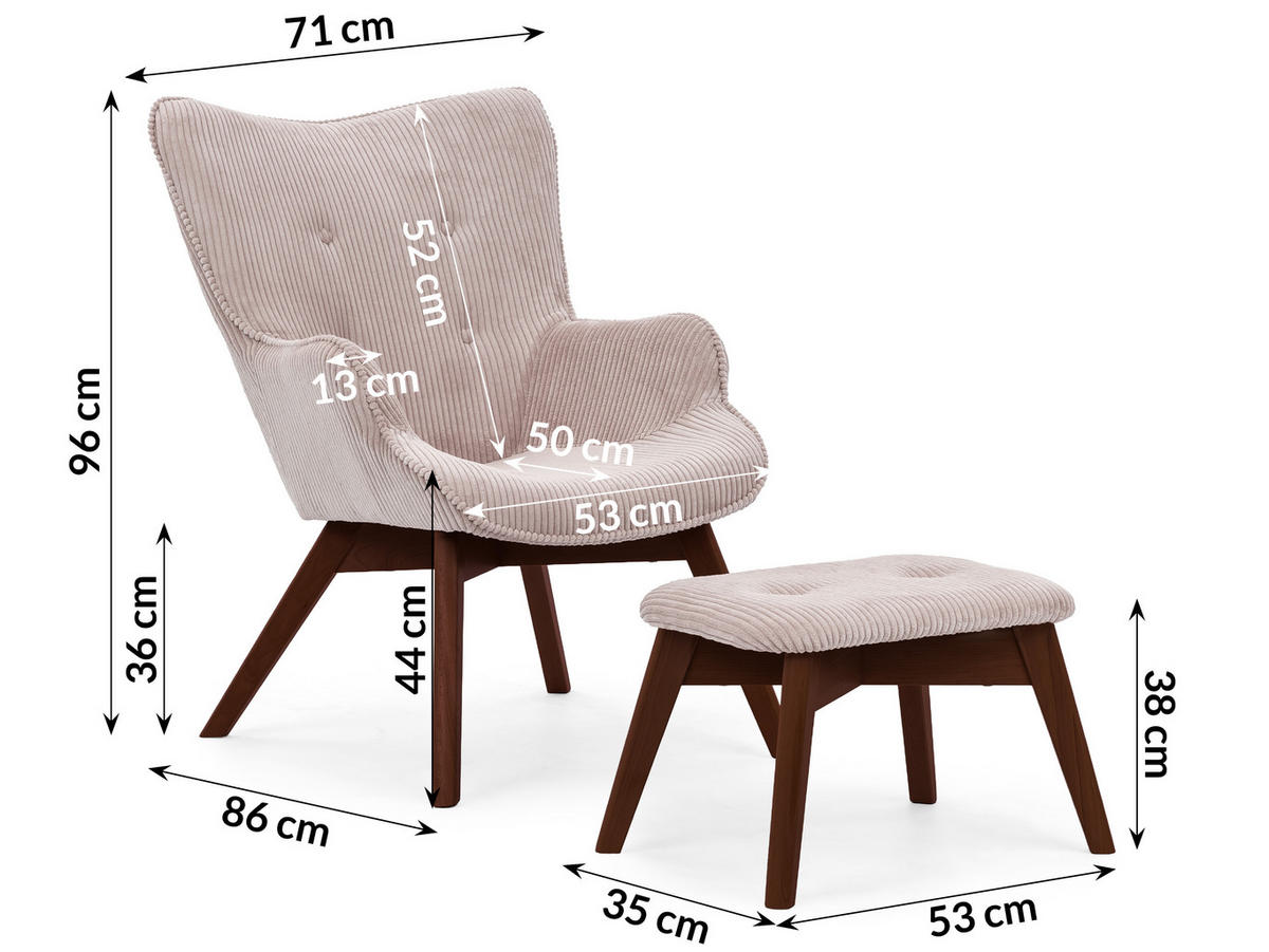 LOUNGESESSEL mit Fußhocker Lenari Puderrosa Cordstoff mit Füßen in Braun - Hellrosa/Braun, Holz/Textil (71/96/86cm) - S-Style Möbel