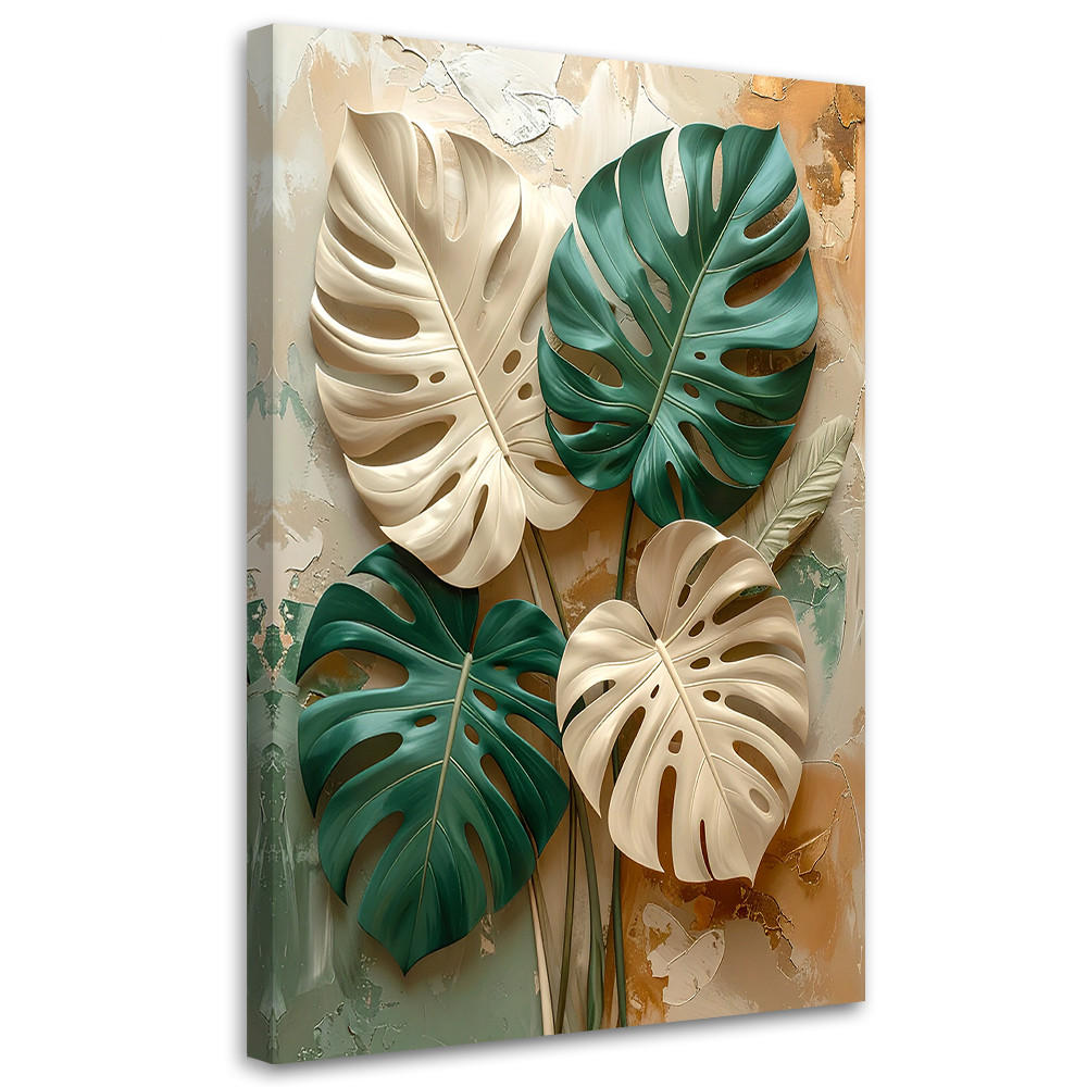 BILD auf Leinwand, Exotische Monstera-Blätter in Grün- und Cremetönen - Grün, Textil (40/60cm) - Feeby