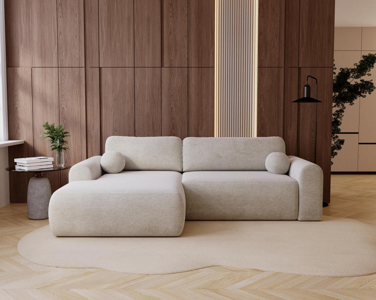 ECKSOFA Aurora Creme, mit Schlaffunktion in Vena Stoff, linke seite - Creme, Holzwerkstoff/Textil (257/177cm) - Bettso
