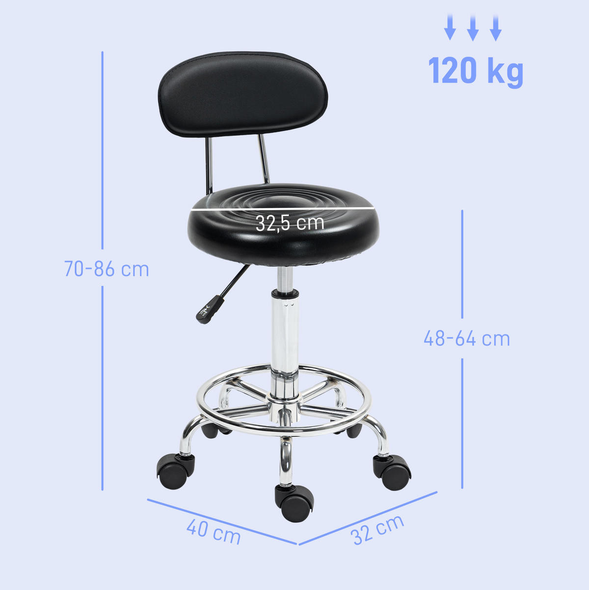 ROLLHOCKER höhenverstellbar mit Lehne und Fußstütze Kunstleder Schwarz - Schwarz, Metall (32/86/40cm) - Meubliv