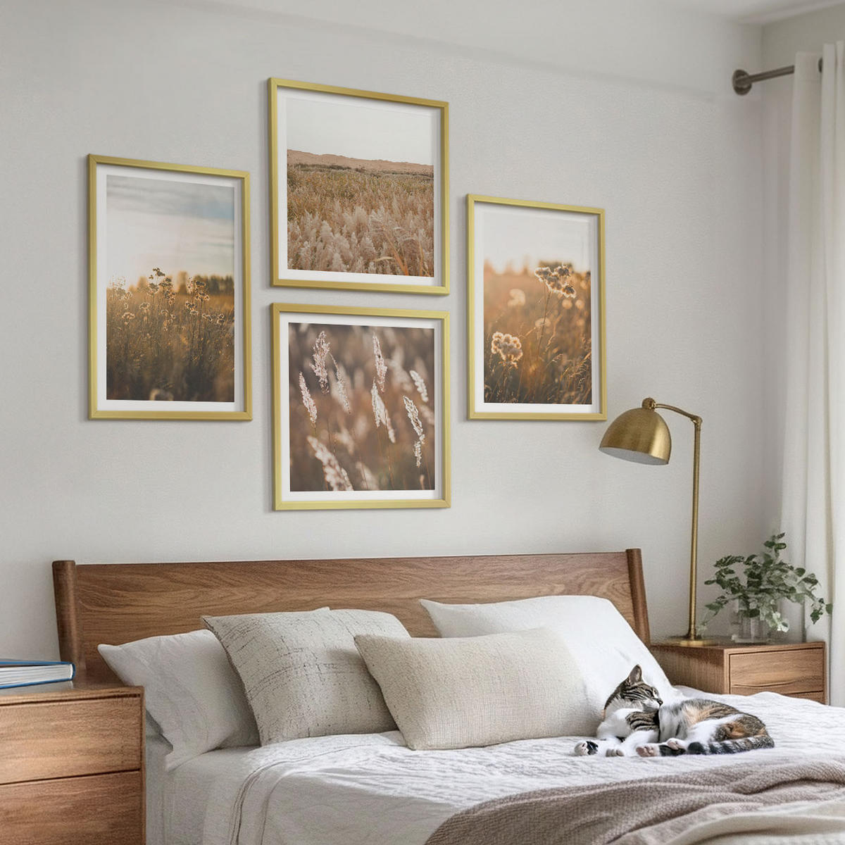 BILDER SET 4er Set - 50x50 cm & 40x60 cm Goldrahmen - Sommerwiesenblumen Sonnenuntergang - Goldfarben, Kunststoff (50/50cm) - TULUP