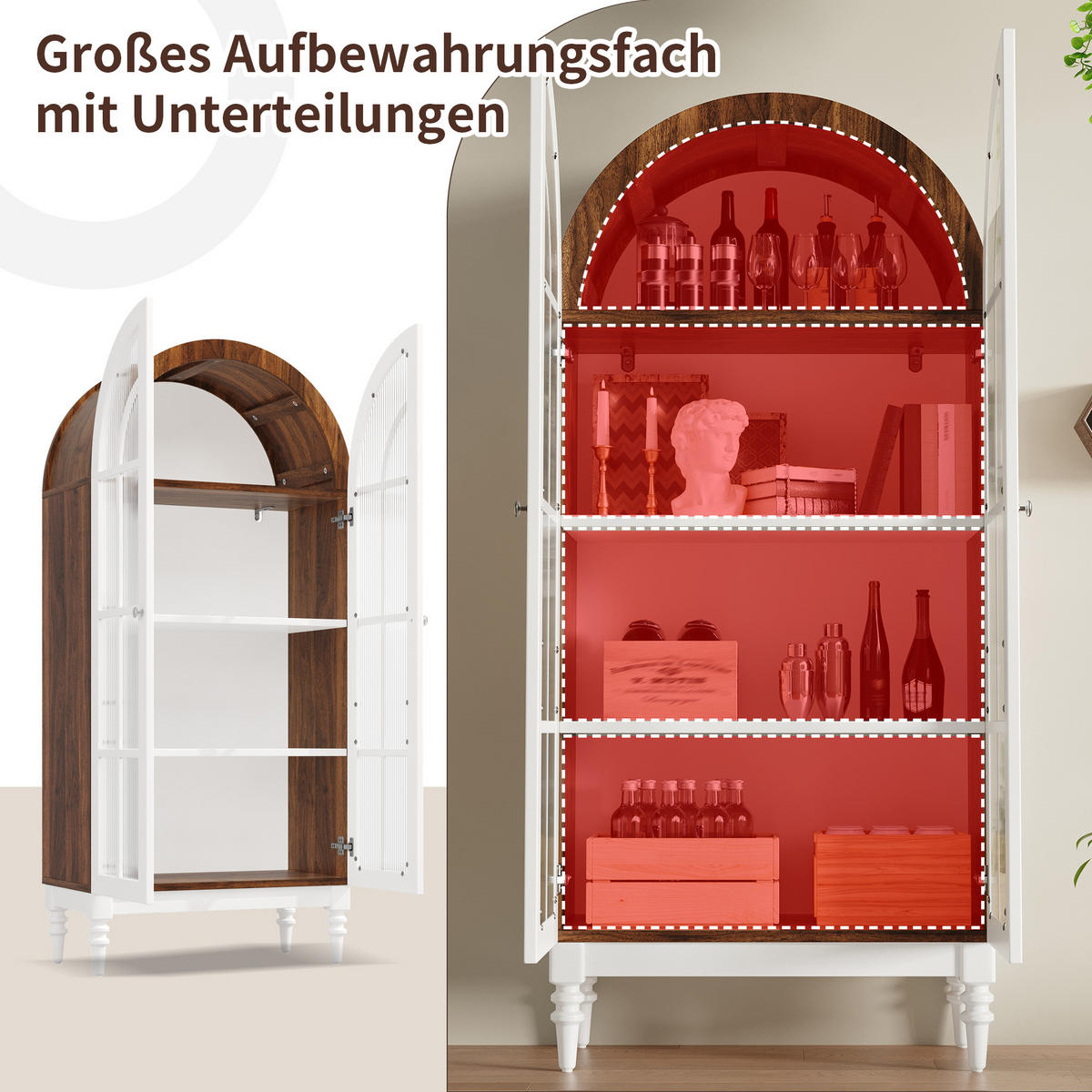 HIGHBOARD Weiß 76×38,5×165 cm mit Bogenfront und Riffelglas-Türen aus Holzwerkstoff - Weiß, Holzwerkstoff (76/165/38.5cm) - Luhomfu
