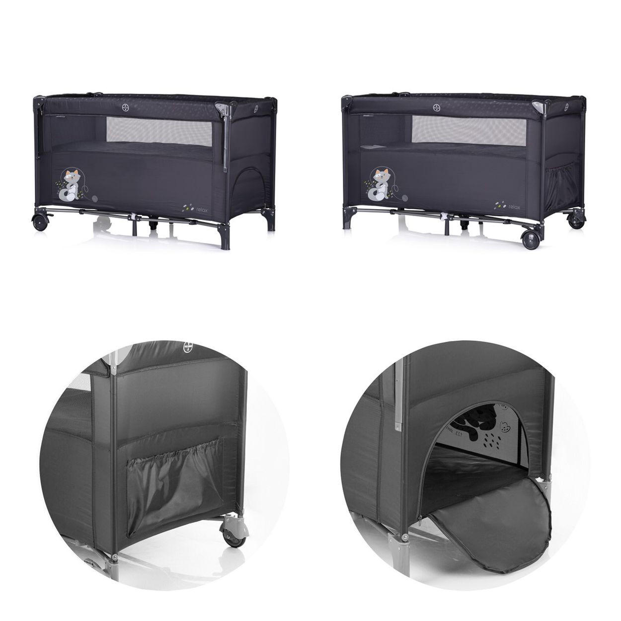 REISEBETT Relax 2 Ebenen schwarz/grau Vorderseite absenkbar, Seiteneingang, Tasche - Schwarz, Kunststoff (60/120cm) - Chipolino