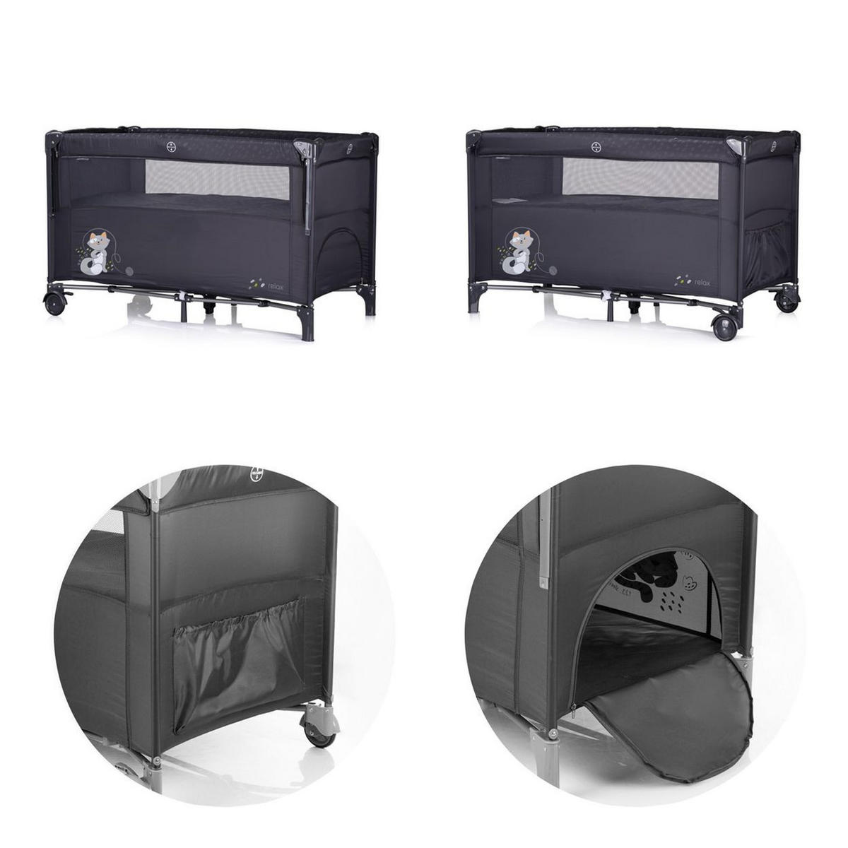REISEBETT Relax 2 Ebenen schwarz/grau Vorderseite absenkbar, Seiteneingang, Tasche - Schwarz, Kunststoff (60/120cm) - Chipolino
