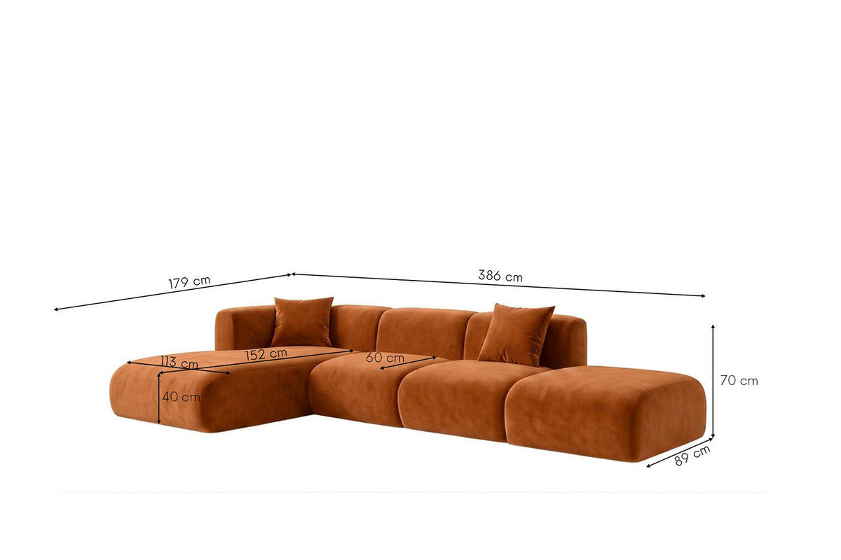 ECKSOFA L-Form Mit Hocker, Velvet-Stoff Bluvel, Zimtfarbe, Links, GRETA - Orange, Holz (386/179cm) - Kaiser Möbel