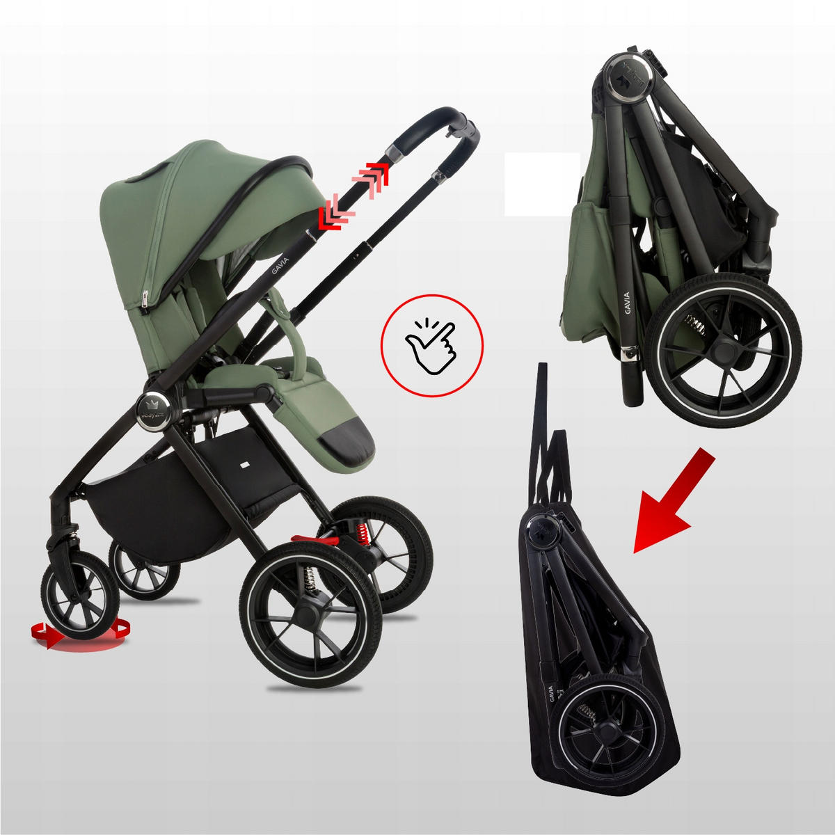 KINDERWAGEN Gavia 3in1 Sapphire Babywanne, Buggy Sportsitz, Babyschale I-Size - Schwarz/Grün, Textil/Metall (58/99cm) - BabyLux