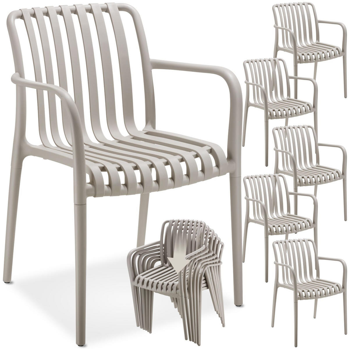 GARTENSTÜHLE 6er Set Alcudia,54,5 x 58 x 80,5 cm, Belastbarkeit 120 kg, taupe - Taupe, Kunststoff/Textil (54.5/80.5/58cm) - tectake