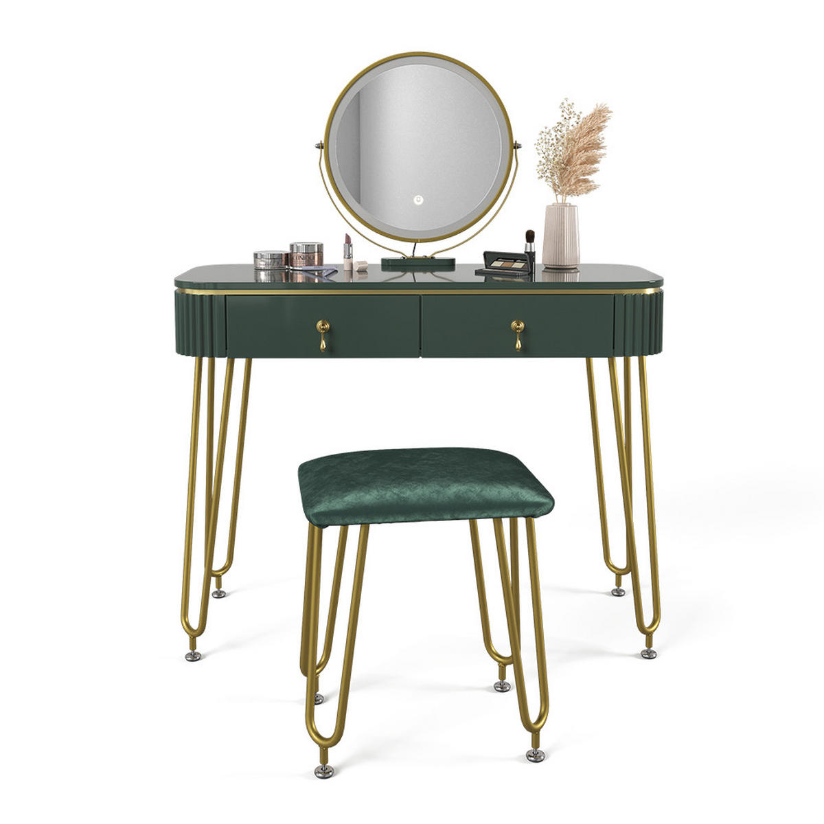 SCHMINKTISCH Grace Dunkelgrün Hochglanz 100 cm mit LED Beleuchtung und Hocker - Dunkelgrün, Holzwerkstoff (100/126/40cm) - Vicco