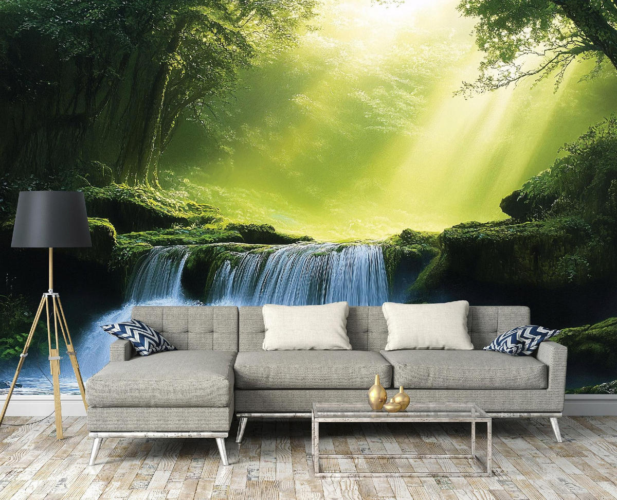 FOTOTAPETE 3D Effekt Wasserfall Wald Wohnzimmer 400x280 - Multicolor, Papier (400/280cm) - Wallarena